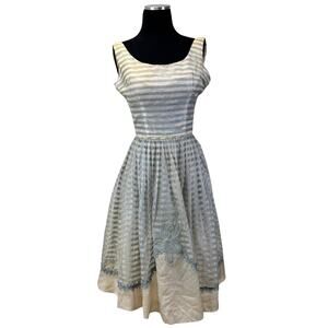 1950s Ice Blue Organza Party Dress with Appliqué – Sheer Stripe Full Skirt AS-IS